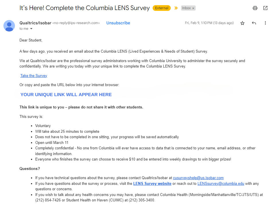 Screenshot of email from the LENS Survey