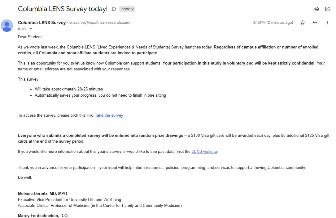 Screenshot of email from the LENS Survey