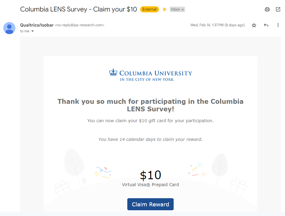 screenshot of reward email